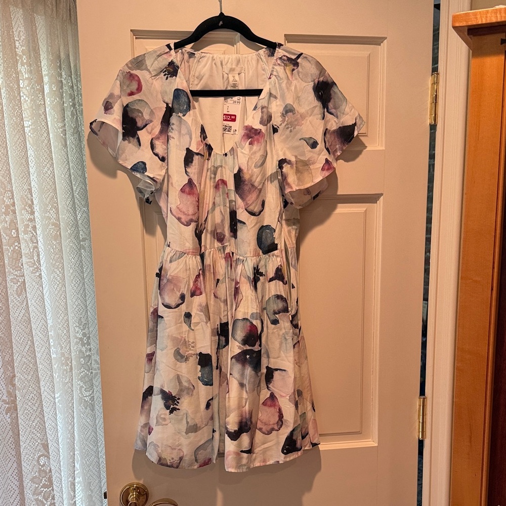 H&M White Watercolor Floral Short Dress with Blue and Pink Accents